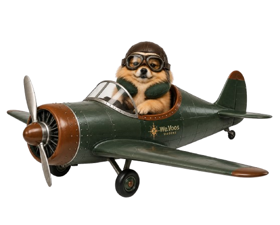 Mascote We.Voos pilotando um avião